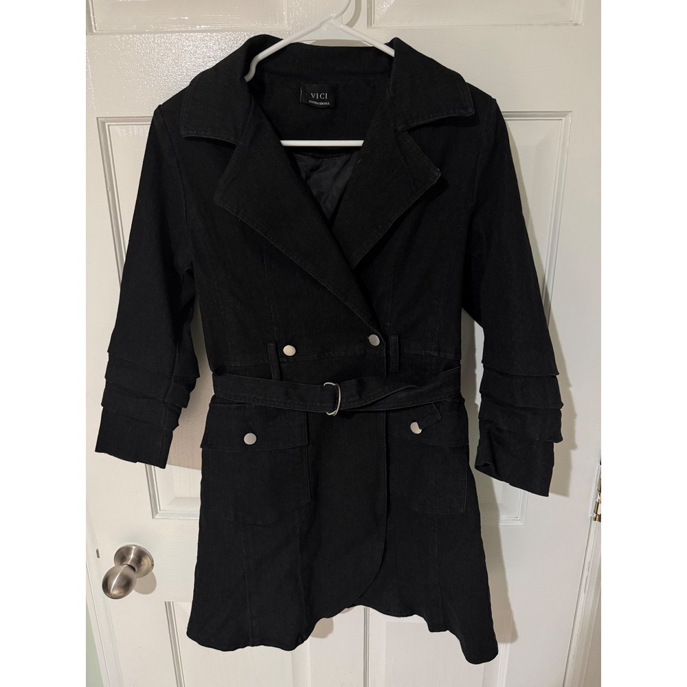 VICI Black Denim Ruffle Sleeve Belted Trench Coat Jacket Women XS